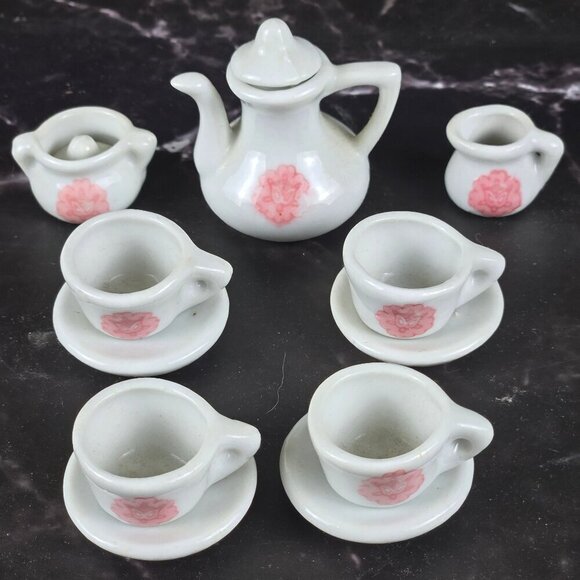 Porcelain Miniature Tea Set White Pink 21 Pieces Display Only Not a Toy - Picture 10 of 12